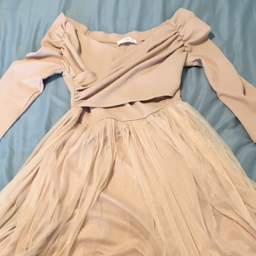 Over The Shoulder Peach Dress with Tulle Skirt